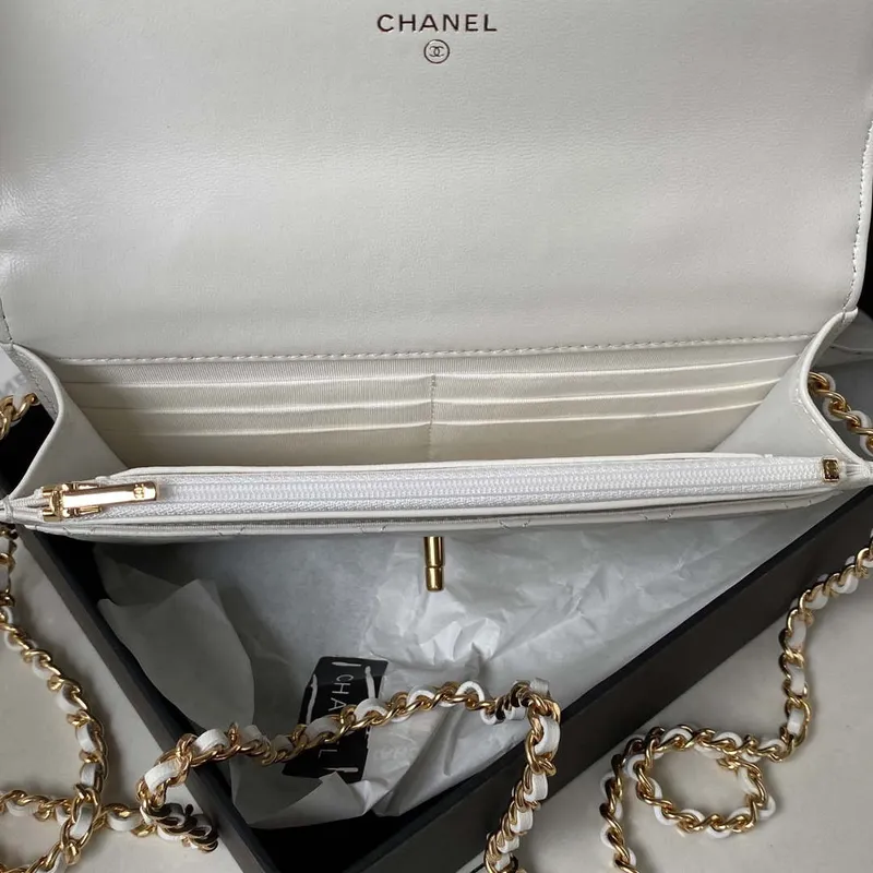 Chanel AP3504 Woc Peněženka na řetízku z jehněčí kůže Imitace perel Strass & Gold bílá
