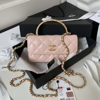 Chanel AP3385 Woc Flap držák na telefon s řetízkem z jehněčí kůže, růžové zlato