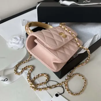 Chanel AP3385 Woc Flap držák na telefon s řetízkem z jehněčí kůže, růžové zlato
