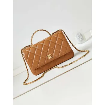 Chanel AS4232 Malá taška s klopou a horním uchem, hnědá jehněčí kůže