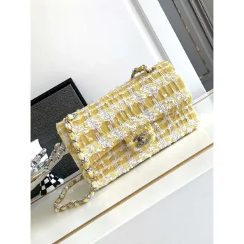 Chanel A01112 Klasická kabelka s klopou Tweedové korálky a stříbrný kov Žlutá