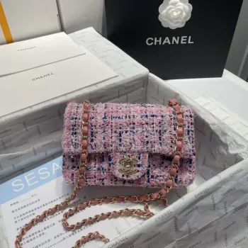 Chanel A1116 Mini Flap Classic Kabelka Tweed & Gold Tone Metal Pink