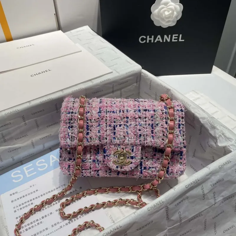 Chanel A1116 Mini Flap Classic Kabelka Tweed & Gold Tone Metal Pink