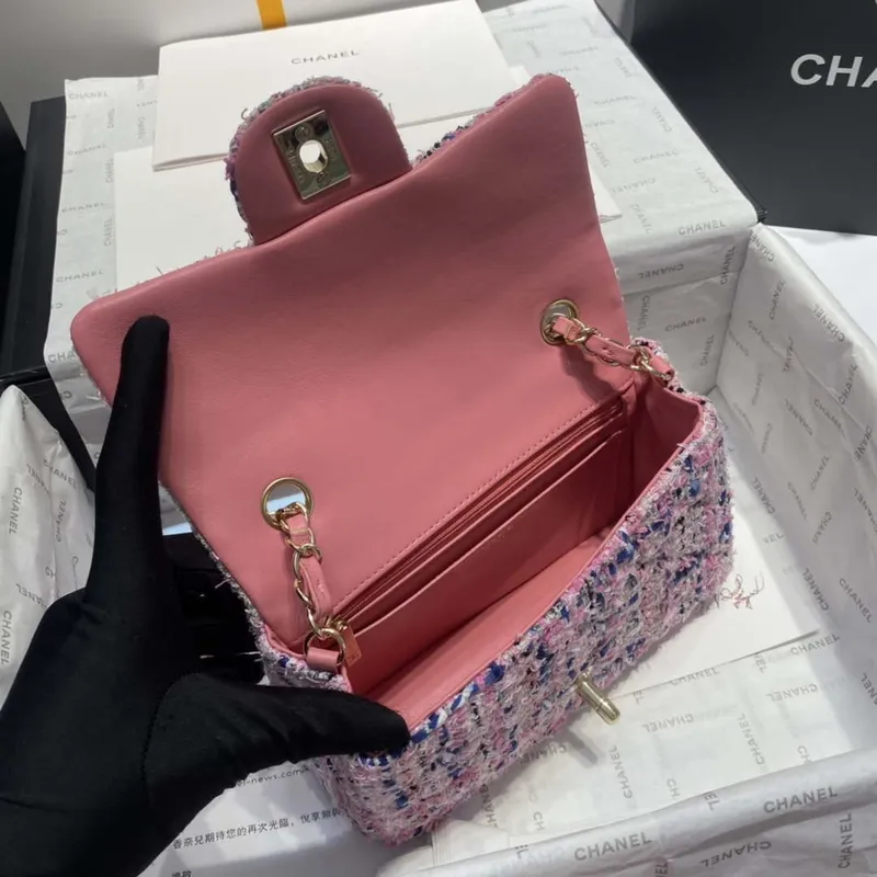 Chanel A1116 Mini Flap Classic Kabelka Tweed & Gold Tone Metal Pink
