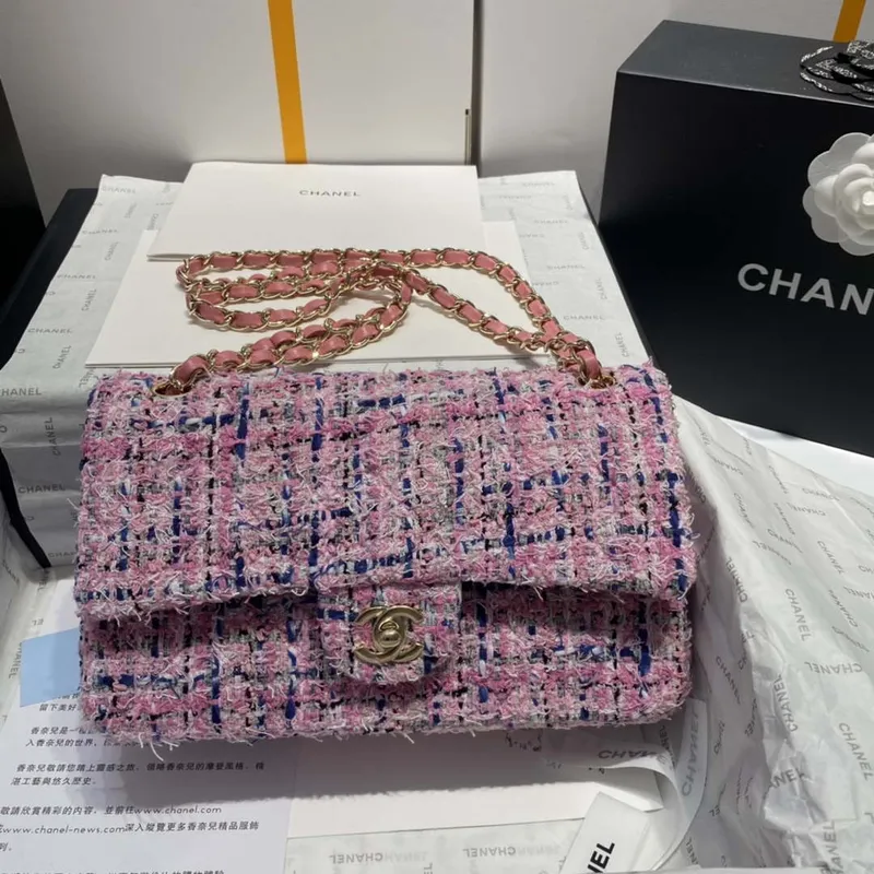 Chanel A01112 Klasická kabelka s klopou Tweed & Gold Tone Metal Pink