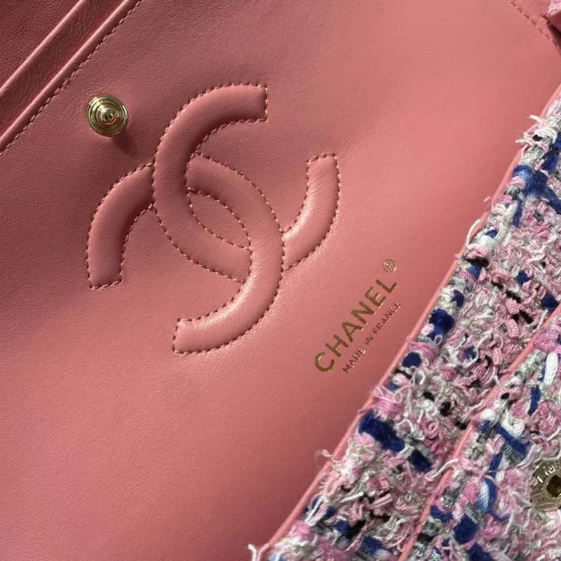 Chanel A01112 Klasická kabelka s klopou Tweed & Gold Tone Metal Pink