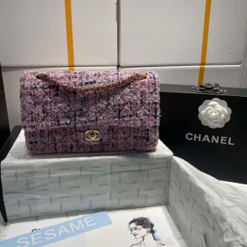 Chanel A01112 Klasická kabelka s klopou Tweed & Gold Tone Metal Pink