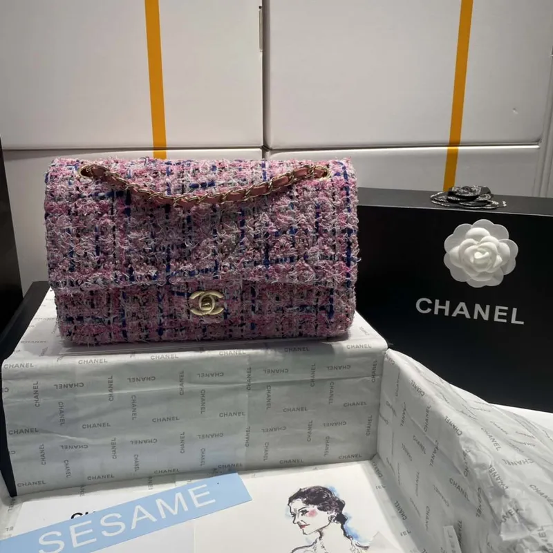 Chanel A01112 Klasická kabelka s klopou Tweed & Gold Tone Metal Pink