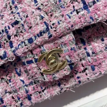 Chanel A01112 Klasická kabelka s klopou Tweed & Gold Tone Metal Pink