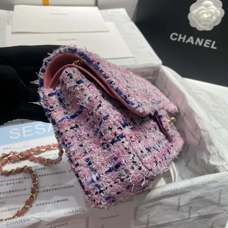 Chanel A01112 Klasická kabelka s klopou Tweed & Gold Tone Metal Pink