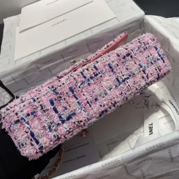 Chanel A01112 Klasická kabelka s klopou Tweed & Gold Tone Metal Pink