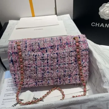 Chanel A01112 Klasická kabelka s klopou Tweed & Gold Tone Metal Pink