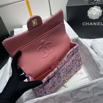 Chanel A01112 Klasická kabelka s klopou Tweed & Gold Tone Metal Pink