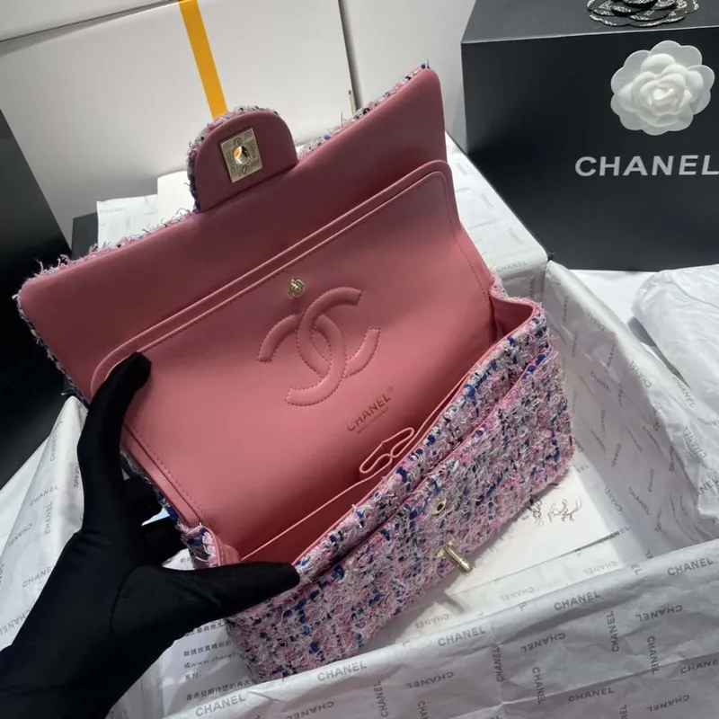 Chanel A01112 Klasická kabelka s klopou Tweed & Gold Tone Metal Pink