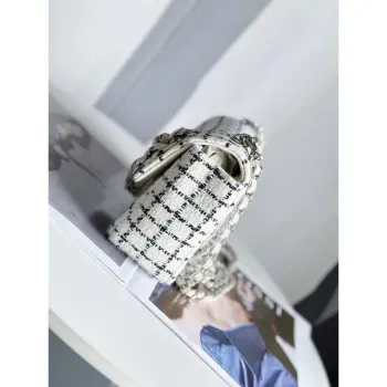 Chanel A1116 Mini Flap Classic kabelka Tweed & Silver Tone Metal White