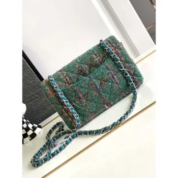 Chanel A1116 Mini Flap Classic Kabelka Tweed & Stříbrný kov Zelená