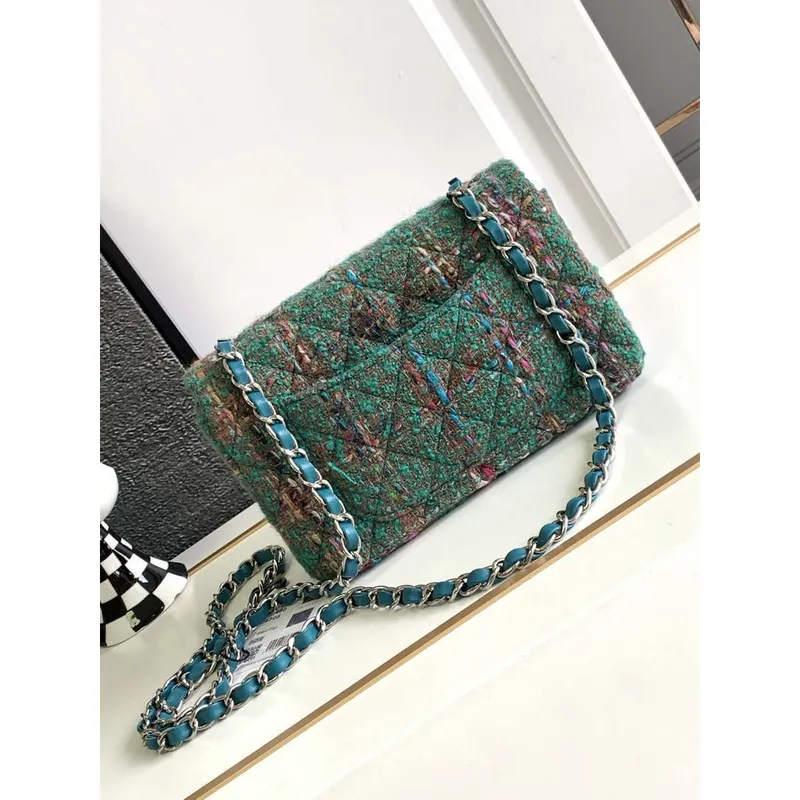 Chanel A1116 Mini Flap Classic Kabelka Tweed & Stříbrný kov Zelená