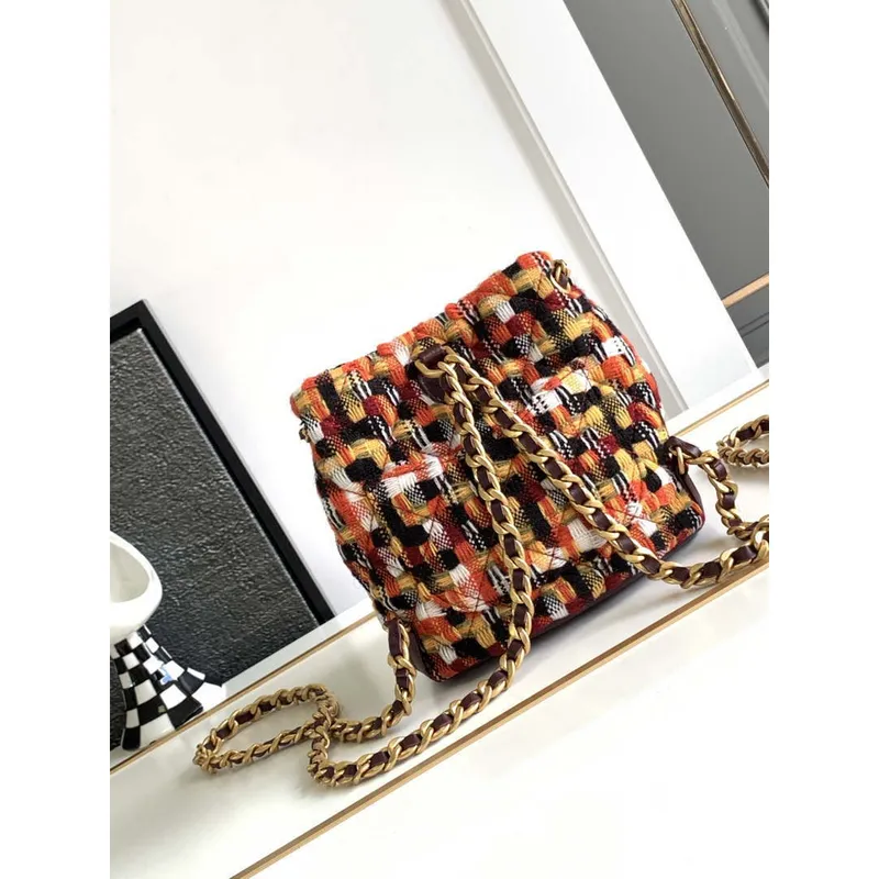 Chanel AS3947 Malý batoh z vlněného tvídu, Lambski a zlatý kov Oranžová