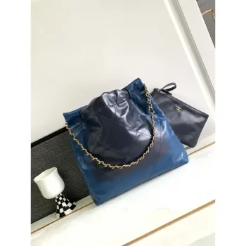 Chanel 22 Mini kabelka AS3980 Lesklá telecí kůže a zlatý kov Námořnická modrá