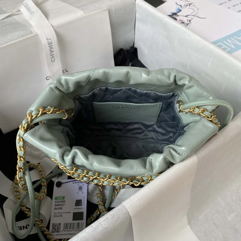 Chanel 22 Mini kabelka AS3980 Lesklá telecí kůže a zlatý kov Zelená šedá