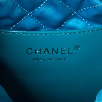Chanel 22 Mini kabelka AS3980 Lesklá telecí kůže a zlatý kov Modrá jezero