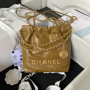 Chanel 22 Mini kabelka AS3980 Lesklá telecí kůže a zlatý kov Marigold