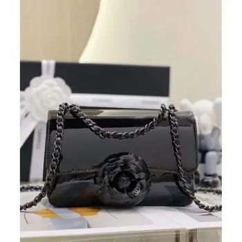 Chanel AS3356 Mini Flap 18 cm Lakovaná kůže Camellia Černá