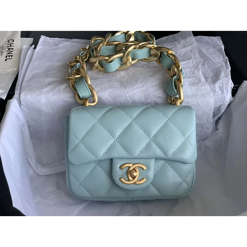 Chanel Mini Flap Bag Jehněčí kůže Zlatý kov AS3213 Modrá