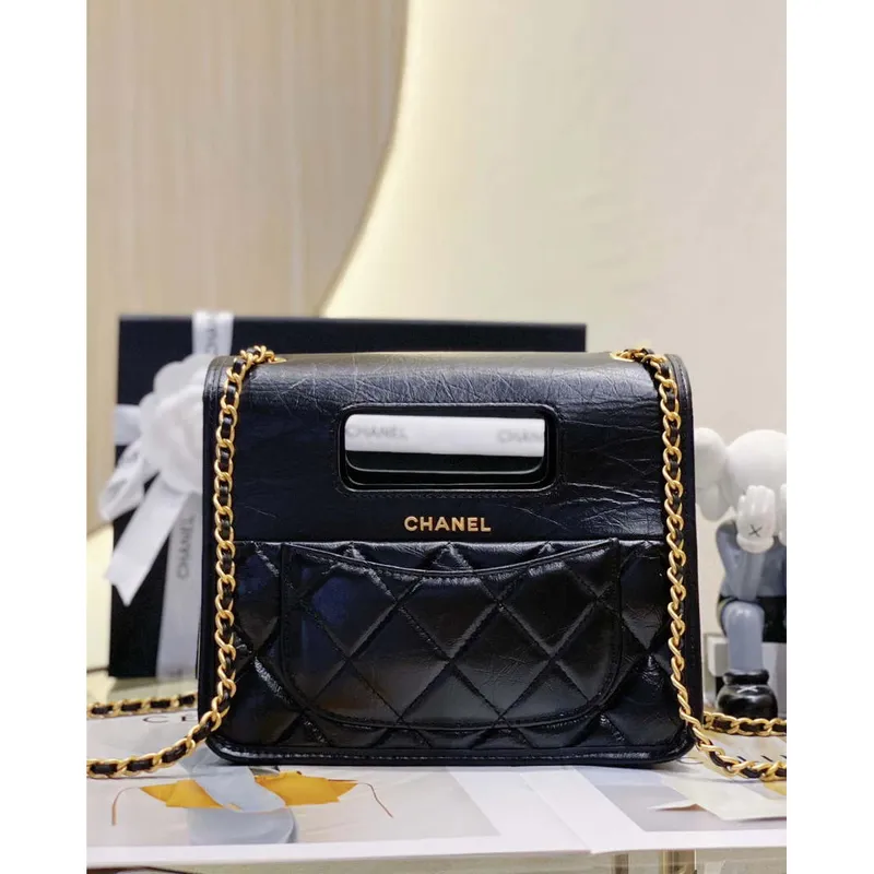 Chanel AS4025 Mini taška s klopou a horním uchem z telecí kůže, zlatý kov, černá