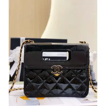 Chanel AS4025 Mini taška s klopou a horním uchem z lakované telecí kůže, zlatý kov, černá