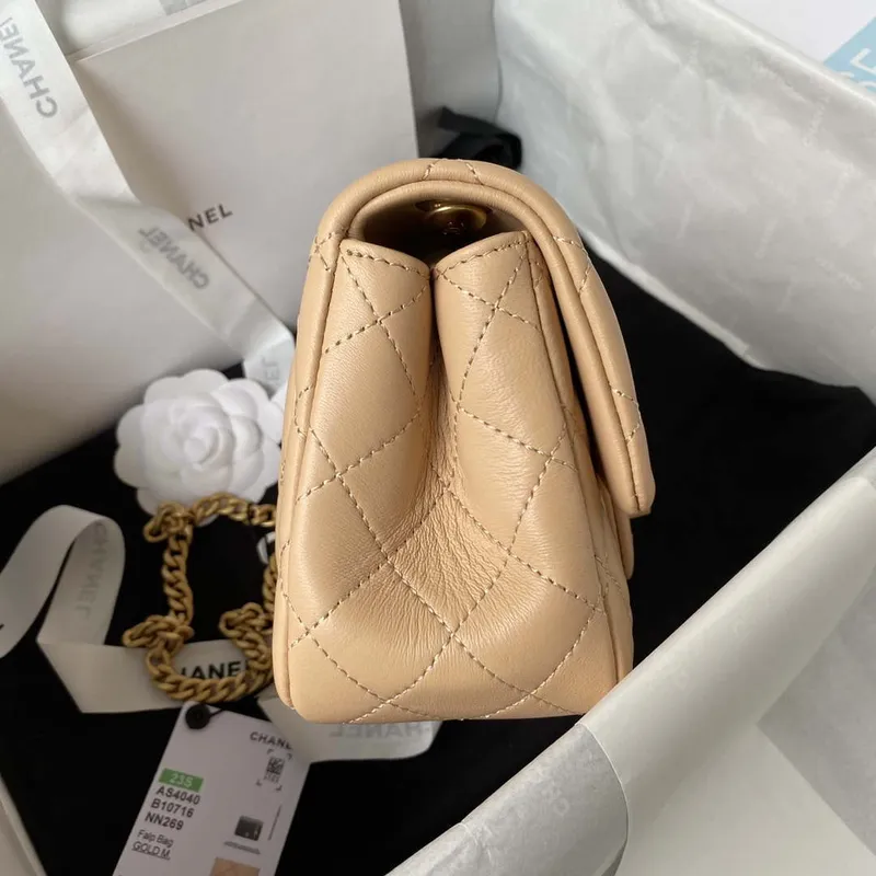 Chanel AS4040 Mini Flap Classic Bag 18 Woc Camellia Lambskin Apricot