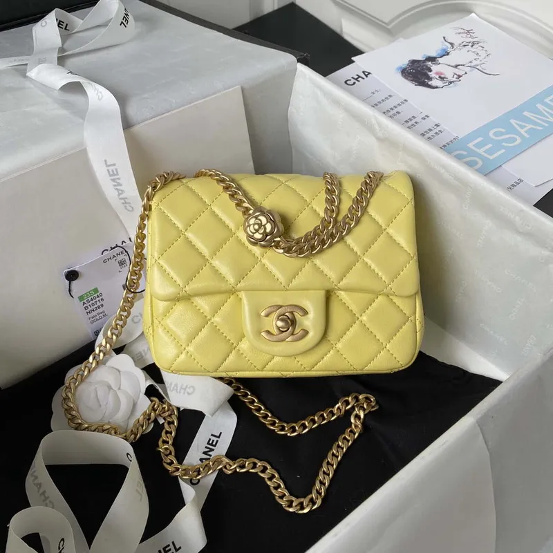 Chanel AS4040 Mini Flap Classic Bag 18 Woc Camellia Lambskin Yellow