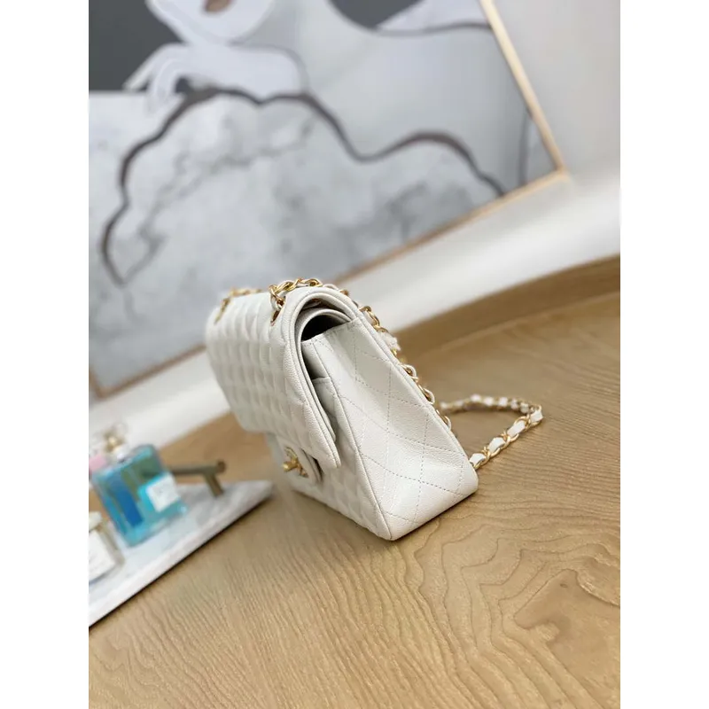 Chanel A01112 Kabelka s klopou Klasická zrnité lesklé telecí kůže Bílá Zlato