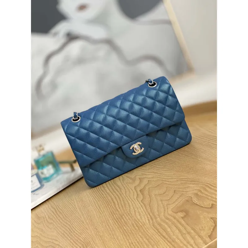 Chanel A01112 Kabelka s klopou Klasická zrnité lesklé telecí kůže Námořnická modrá Stříbrná