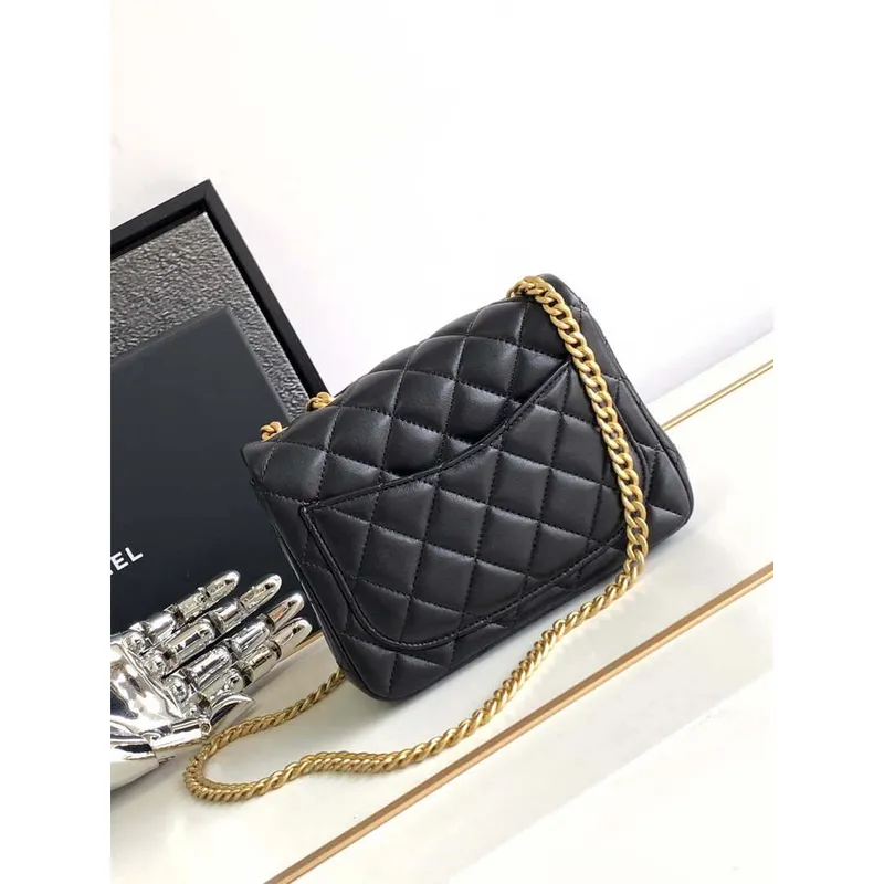 Chanel AS4040 Mini Flap Classic Bag 17 Woc Camellia Lambskin Black