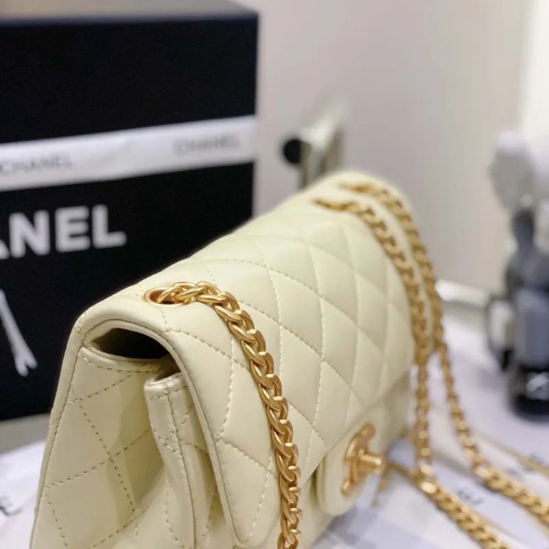 Chanel AS3041 Klasická taška s klopou CF Camellia Jehněčí kůže Světle žlutá Zlatá