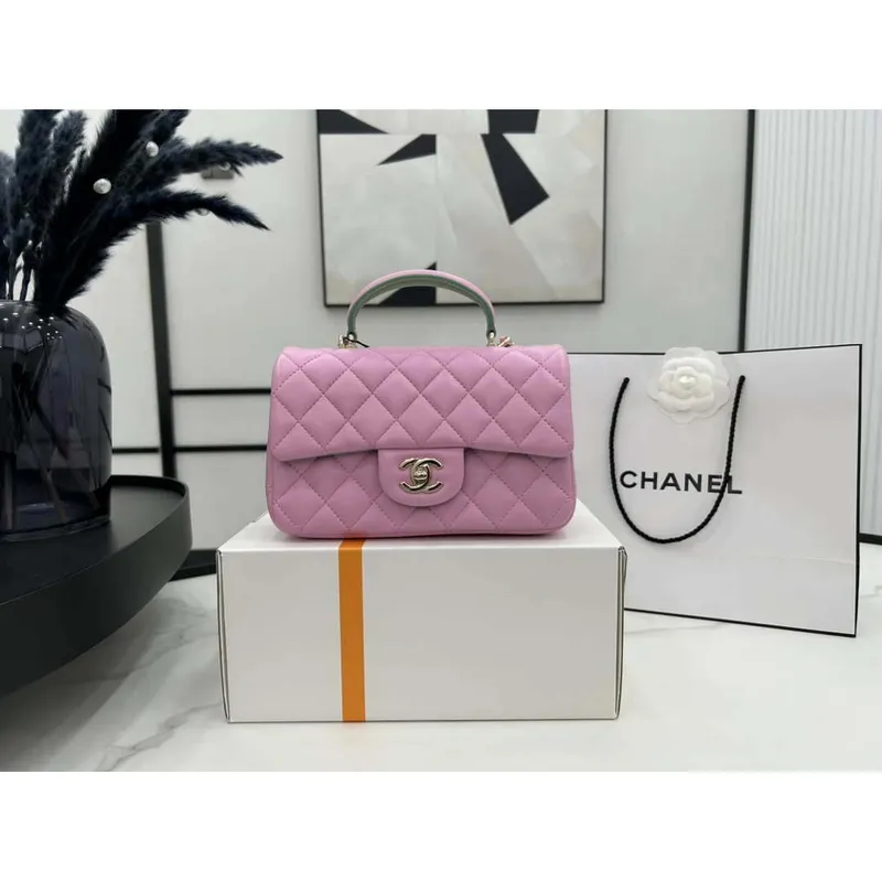 Chanel AS2431 Mini flap Růžová taška se zelenou jehněčí kůží a horním uchem Zlatá