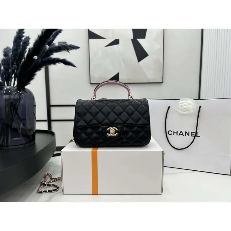 Chanel AS2431 Mini flap Černá s růžovou jehněčí kůží taška s horním uchem Zlatá