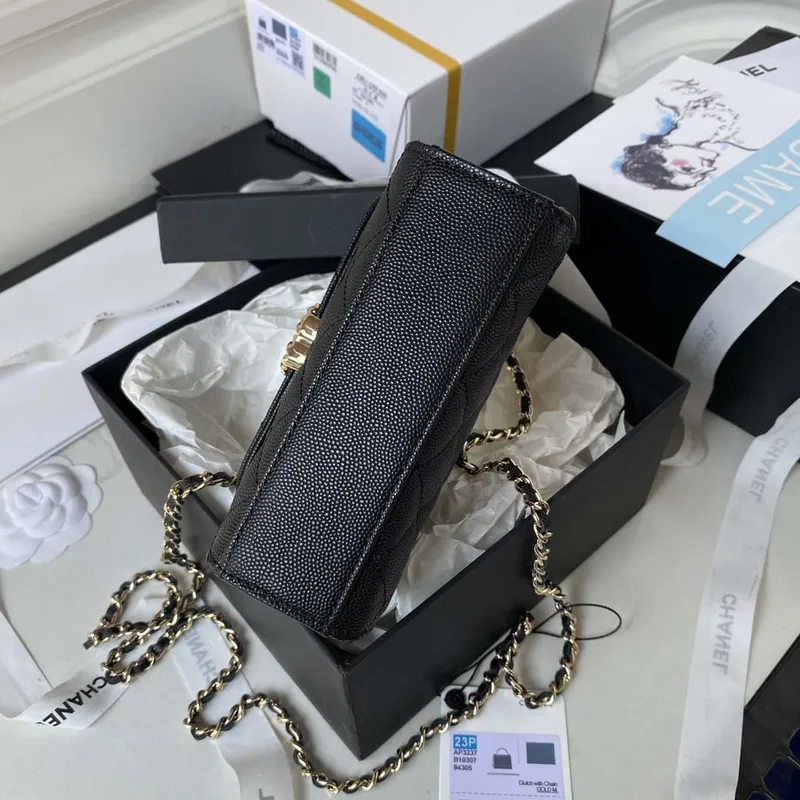Chanel AP3237 Psaníčko s řetízkem Zrnité lesklé telecí kůže Zlaté S rukojetí Černé