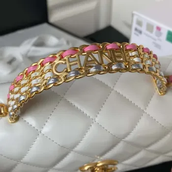 Chanel AS3886 Mini taška s klopou a horním uchem z lesklé telecí kůže, bílá a zlatá