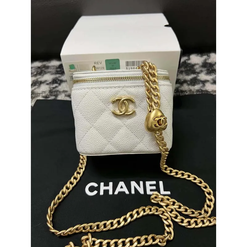 Chanel AP3203 Kabelka s řetízkem z hovězí kůže s povrchovou úpravou, bílá