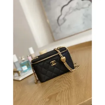 Chanel A68130  Kosmetická taštička s řetízkem Zrnité telecí kůže Zlatá Černá