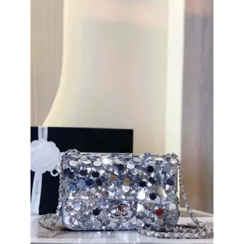 Chanel 23P limitovaná edice nová klasická CF flitrová taška Stříbrná