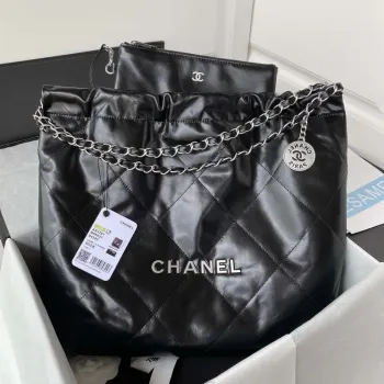 Chanel 22 Kabelka Lesklá telecí kůže Zlatá AS3261 Černá se stříbrným logem