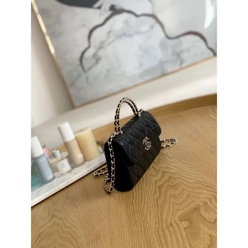 Chanel AP3238 Taška s klopou a řetízkem, černá telecí kůže, zlatá, s uchem