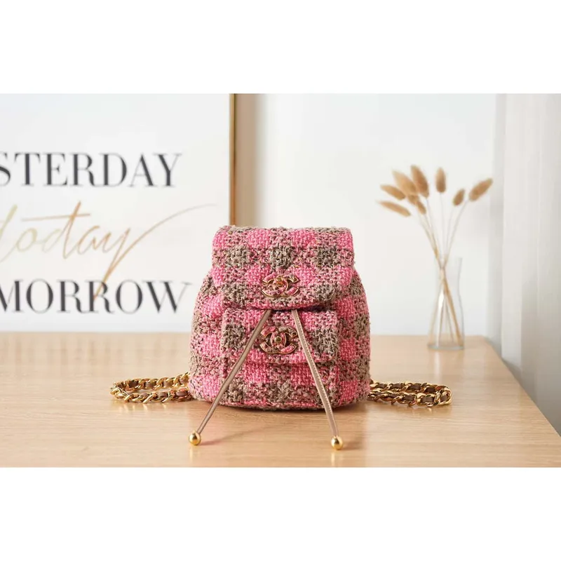 Chanel AS3615 Batoh z vlněného tvídu a zlatého kovu, růžový