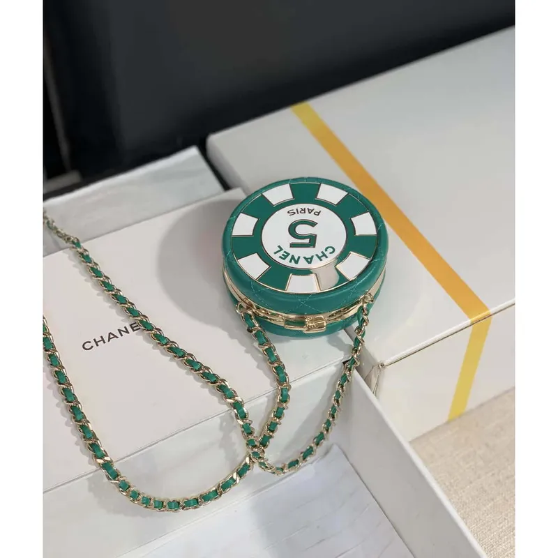 Chanel Ap3704 Psaníčko  s řetízkem Jehněčí kůže Smalt a zlatý kov Zelená a bílá