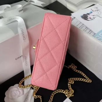 Chanel AS3829 Mini kabelka s klopou a řetízkem, růžová telecí kůže, zlatá