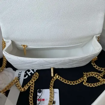 Chanel AS3829 Mini kabelka s klopou a řetízkem, bílá telecí kůže, zlatá