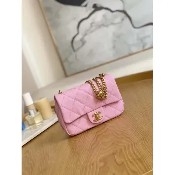 Chanel AS3828 Mini kabelka s klopou a řetízkem, růžová telecí kůže, zlatá